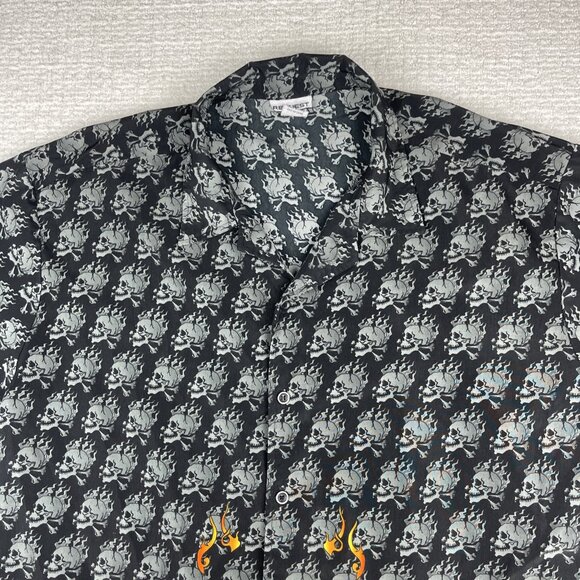 Vtg Request Shirt Mens 2XL Black Button Up Goth Skulls Flames Skate Y2K AOP - Picture 3 of 16
